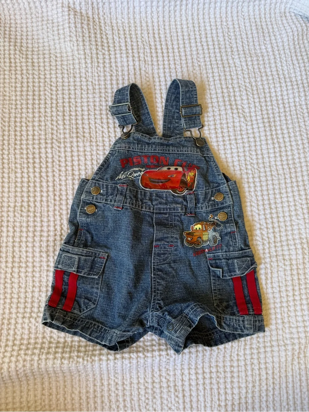 Disney Denim Short Overalls in Blue with Red Trim and Cars Graphics